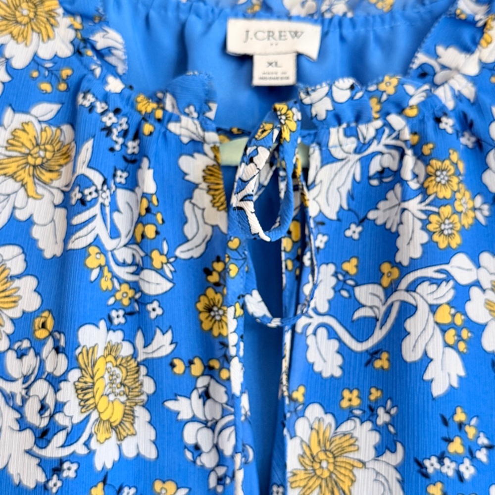 J. Crew Bright Blue White and Yellow Sleeveless Floral Tie-Neck Blouse - Picture 4 of 5